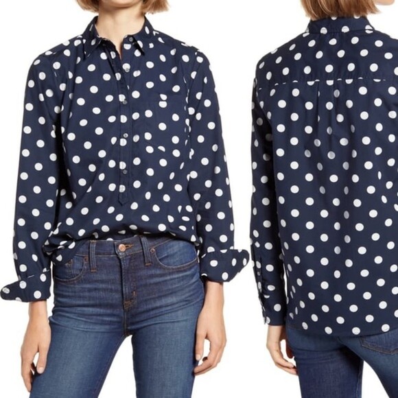 J. Crew Polka Dot Print Half-Button Down Cotton Poplin Pullover (NWT) - Picture 3 of 4